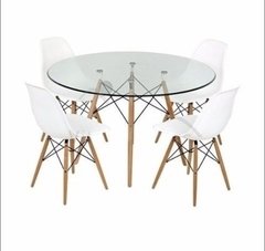 Mesa Eames redonda vidrio + 4 sillas eames blancas base madera