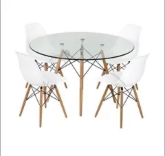 Mesa Eames redonda vidrio + 4 sillas eames blancas base madera