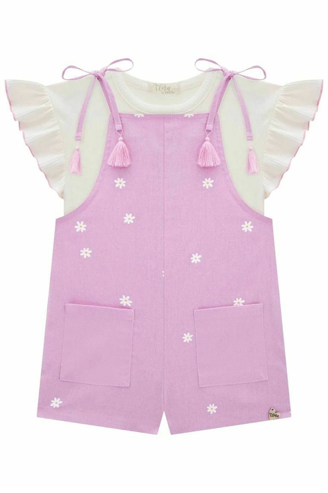 Conjunto de Blusa em Canelado e Jardineira em Linho 68551 Infanti