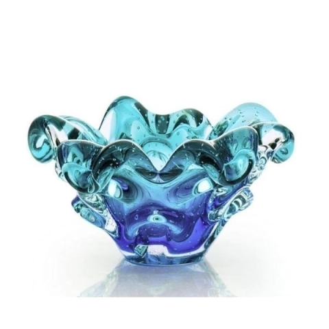 Vaso Murano Cachepot Escamas Azul com Esmeralda