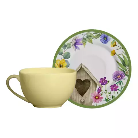 XÍCARA DE CHÁ AMARELA COM PIRES EASTER GARDEN - CONJUNTO COM 2