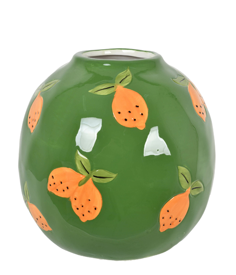 VASO EM CERÂMICA VERDE COM FRUTAS LARANJAS