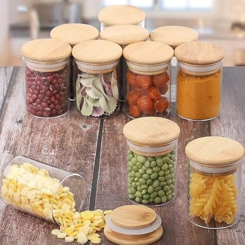 KIT DE 4 POTES DE MANTIMENTOS COM TAMPA DE BAMBU 110ML