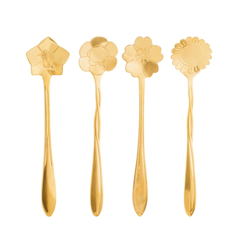 COLHERES DOURADAS DE FLORES PARA CHÁ COM 4 - AÇO INOX