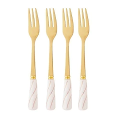 GARFO APERITIVO DOURADO COM CABO DE CEÂMICA BRANCO - CONJUNTO COM 4