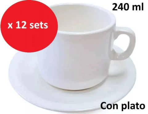 $7263- Taza desayuno con plato porcelana blanca Ricony
