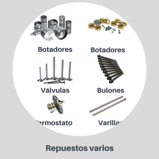Arandela suplemento de camisas Balancines Botadores Bujes de biela Bujías Bulones de biela / bancada / tapa de cilindro Camisa de inyectores Espárragos Guía de válvulas Inyectores de aceite Oring de camisa Pastillas para regular válvulas Precamaras Refrig
