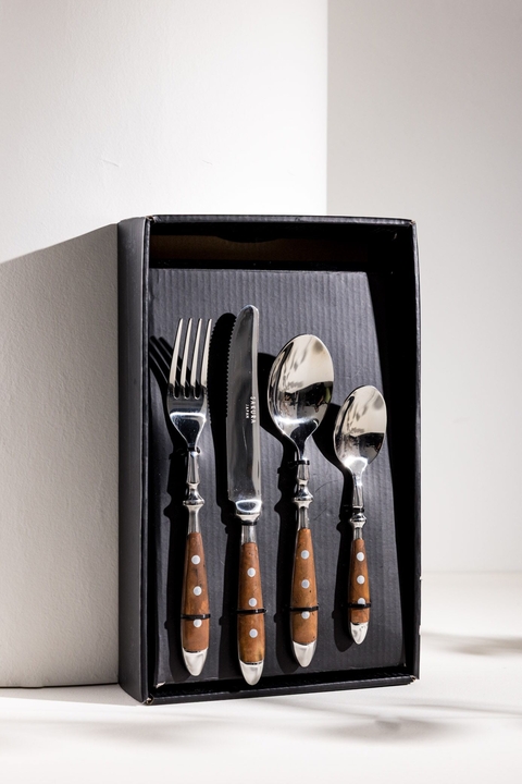 Set De Cubiertos Mediterranean Sakura Wood Acero Inoxidable De 24 Piezas