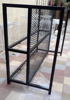 Barra hierro y madera con 2 estantes, 140 x 60 cm + 2 TABURETES CON RESPALDO - Pitucas Deco