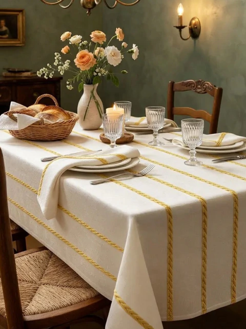 MANTEL TUSOR BORDADO AMARILLO RECTANGULAR CON SERVILLETAS - PROMO