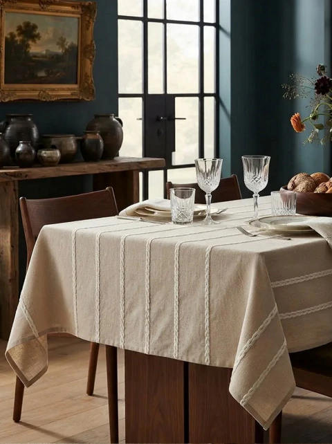 MANTEL TUSOR BORDADO BEIGE RECTANGULAR CON SERVILLETAS