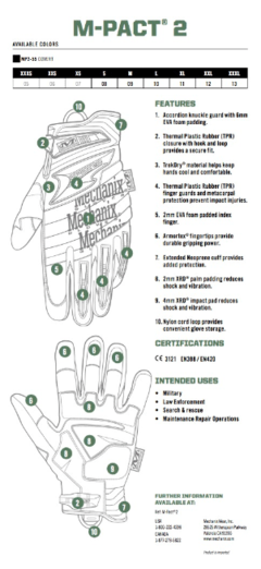 Guantes Tàcticos M-pact 2 (m-pact2) Mechanix Negros Tamaño L - AYR Tools
