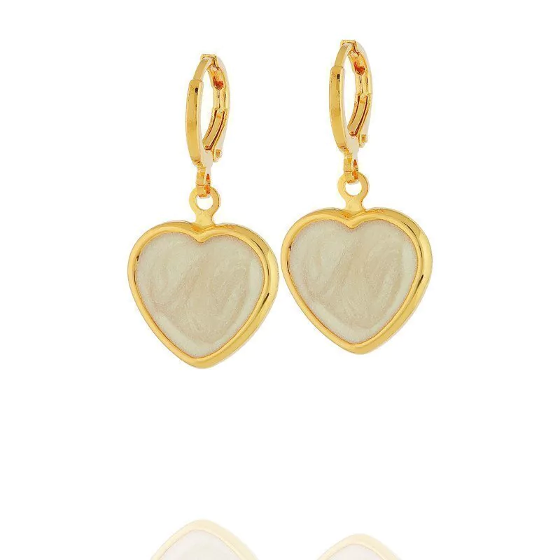 Brinco Argola Pingente Coração Esmaltado Madrepérola Dourado