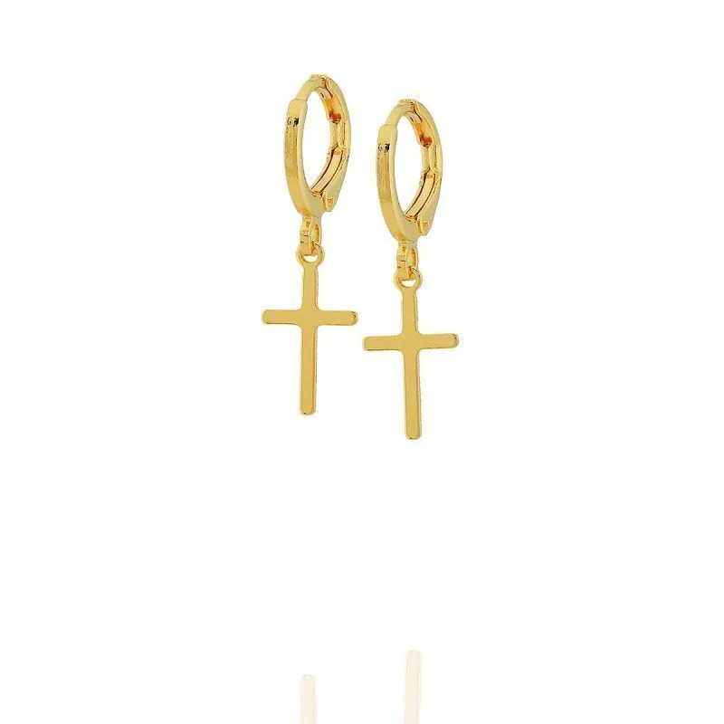Brinco Argola Pingente Crucifixo Dourado