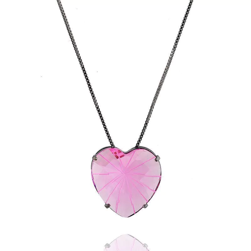 Colar Aurora Boreal Coração Zircônia Rosa