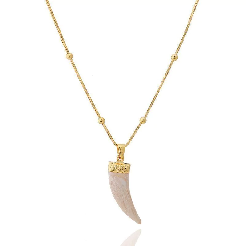 Colar Pingente Dente Sabre Esmaltado Madrepérola Dourado