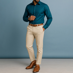 Hombre vistiendo una camisa slim fit de seda en color verde inglés.