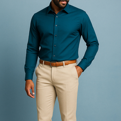Camisa Slim Fit de seda en color verde inglés combinada con pantalón beige y cinturón marrón.