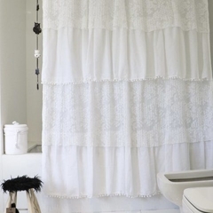 Cortina de Baño rústica de tela blanca con volados