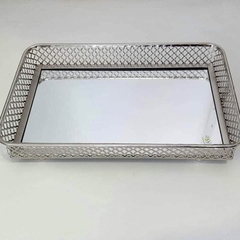 Bandeja plateada rectangular calada con espejo chica