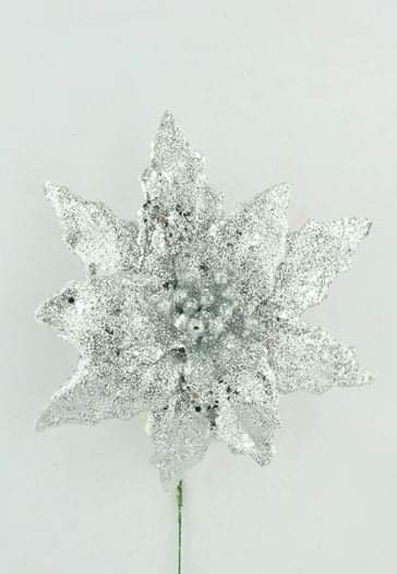 Flor navideña plateada con broche 25 cm