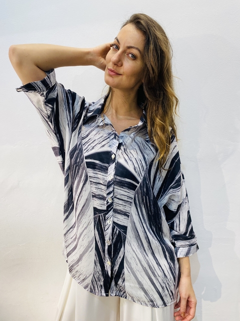 Camisa Social Morcego Crepe Folha Listrado