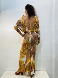 Vestido Longo Decote V Costas Jersey Folha Dourada