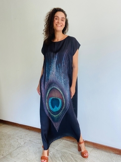 Vestido Kaftan Longo Cetim Pavão Preto - buy online
