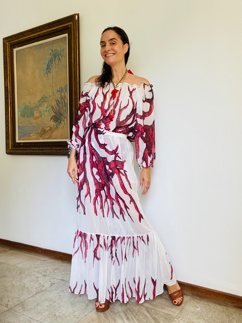 Saia Babados Longa Chiffon Coral