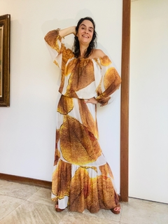 Vestido Bufante Longo Chiffon Folhas Douradas na internet