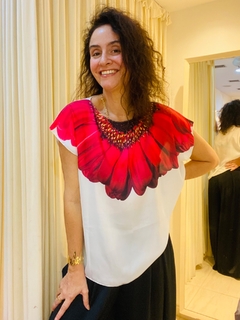 Camiseta Kaftan Cetim Gerbera Branco - ALESSA