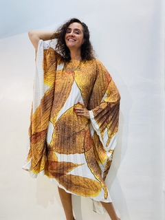 Vestido Maxi Curto Cetim Folhas Douradas