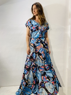 Saia Longa Evasê Jersey Folhagem Azul - buy online