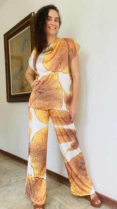 Calça Reta Jersey Folhas Douradas