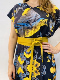 Vestido Kafftan Curto Jersey Passaro Azul