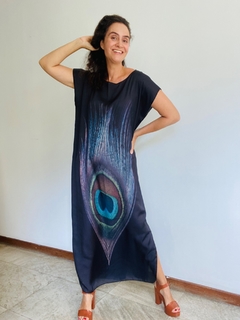 Vestido Kaftan Longo Cetim Pavão Preto - ALESSA