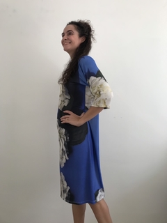 Vestido Curto Evasê Manga 3/4 Jersey Hortênsia Azul - ALESSA