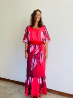 Vestido Morcego Babado Longo Crep Antúrio Vermelho - ALESSA