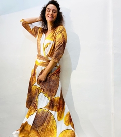 Vestido Sereia Saia Longa Plissado Jersey Crepe Folhas Douradas on internet