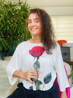Blusa 3/4 Jersey Rosa Única Branca