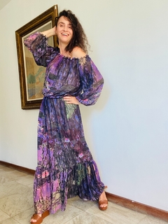 Vestido Bufante Babado Longo Crepe Monet Lilás