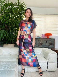 Vestido Kaftan Longo Cetim Paul Klee Colorido