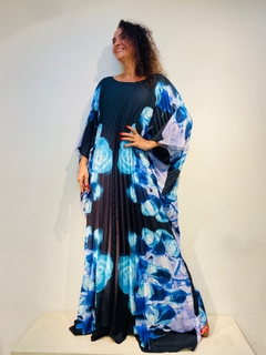 Vestido Plissado Longo Crepe Rosa Azul - comprar online