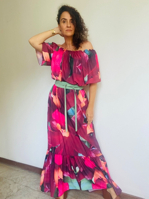Vestido Cigana Longo Babado Crepe Orquídea Vermelh