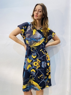 Vestido Kafftan Curto Jersey Passaro Azul - buy online