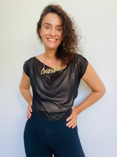 Camiseta Cropped Chiffon Preto com Dourado na internet