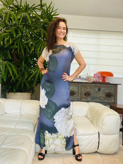 Vestido Kaftan Longo Cetim Hortênsia Cinza