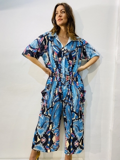 Macacão Social Crepe Folhagem Azul - comprar online