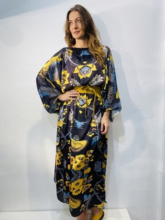 Image of Vestido Maxi Longo Cetim Passaro Azul