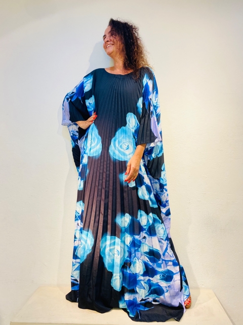 Vestido Plissado Longo Crepe Rosa Azul